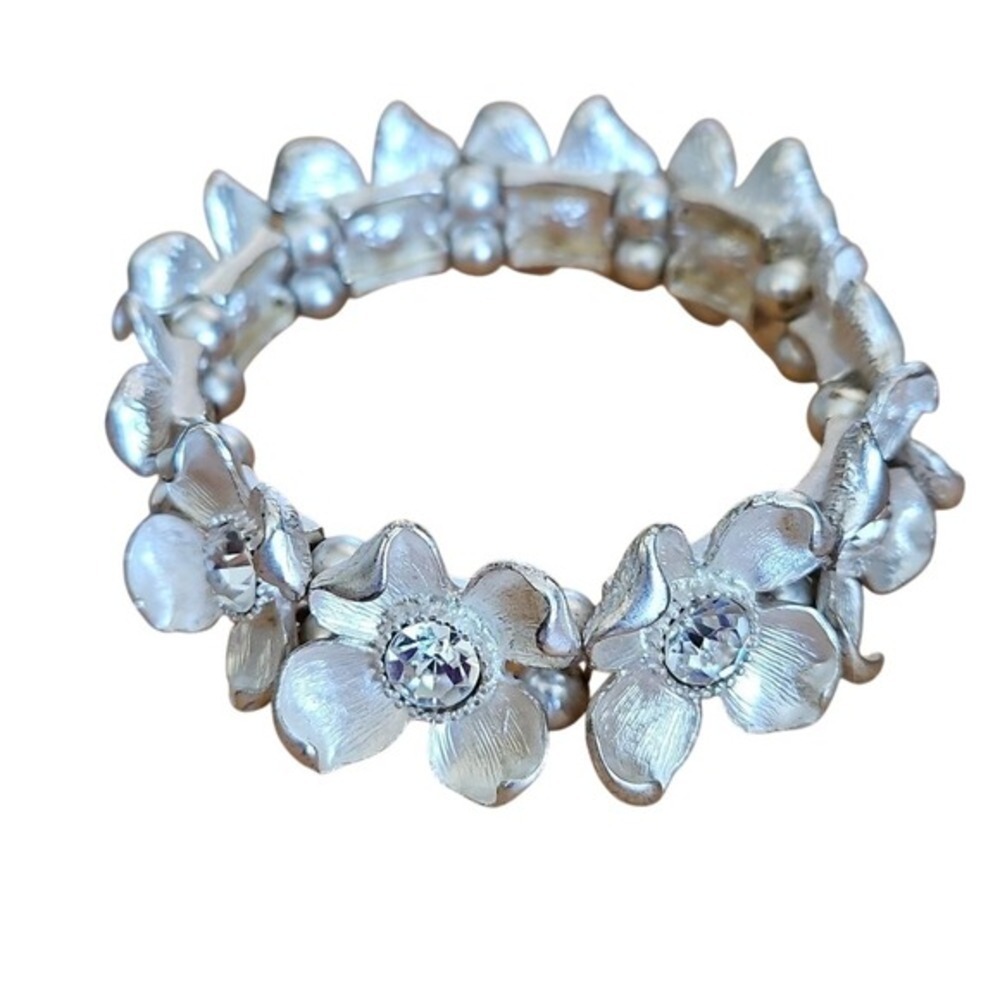 Floral Rhinestone Statement Bracelet Silver Crystal Flex Bangle Bridal Prom